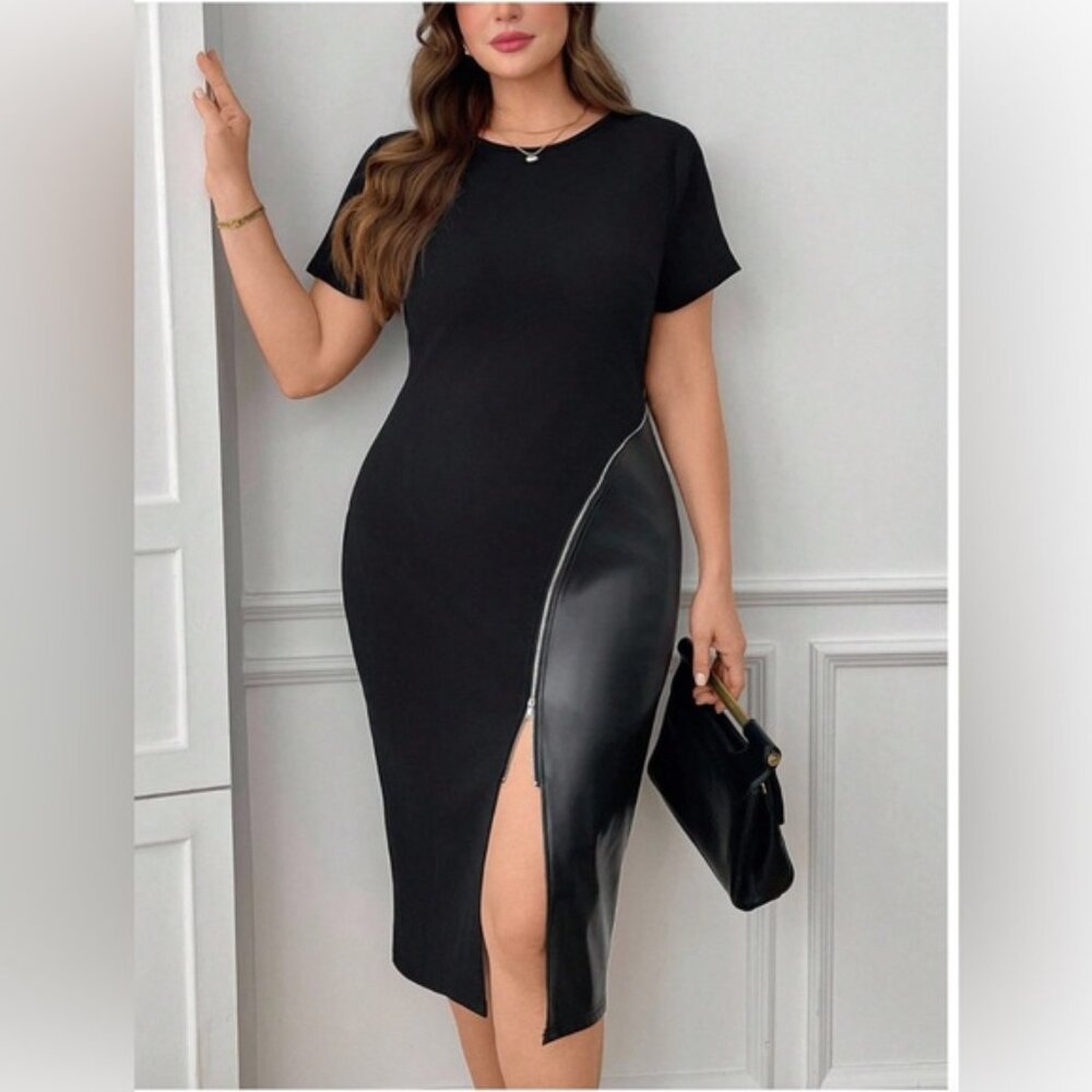 Vegan Leather Zip Up Split Thigh Short Sleeve Dress Black